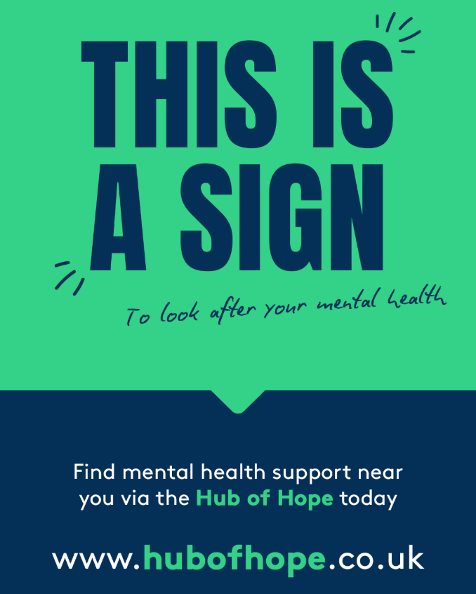 Mental health support message directing users to Hub of Hope website.